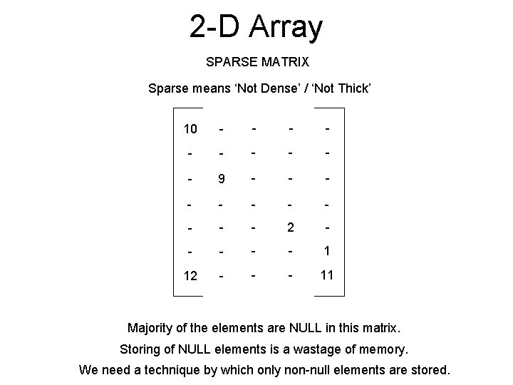 2 -D Array SPARSE MATRIX Sparse means ‘Not Dense’ / ‘Not Thick’ 10 -