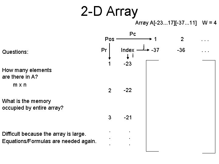 2 -D Array A[-23. . . 17][-37. . . 11] Pos Questions: How many
