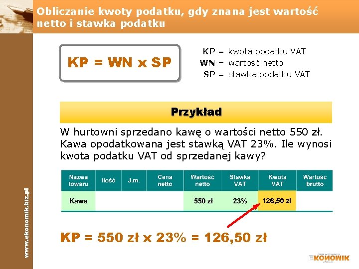 Obliczanie kwoty podatku, gdy znana jest wartość netto i stawka podatku KP = WN