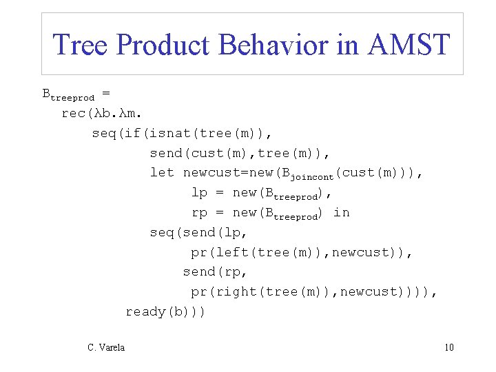 Tree Product Behavior in AMST Btreeprod = rec(λb. λm. seq(if(isnat(tree(m)), send(cust(m), tree(m)), let newcust=new(Bjoincont(cust(m))),