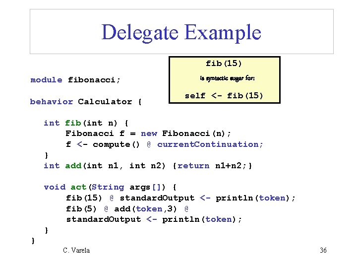 Delegate Example fib(15) module fibonacci; behavior Calculator { is syntactic sugar for: self <-