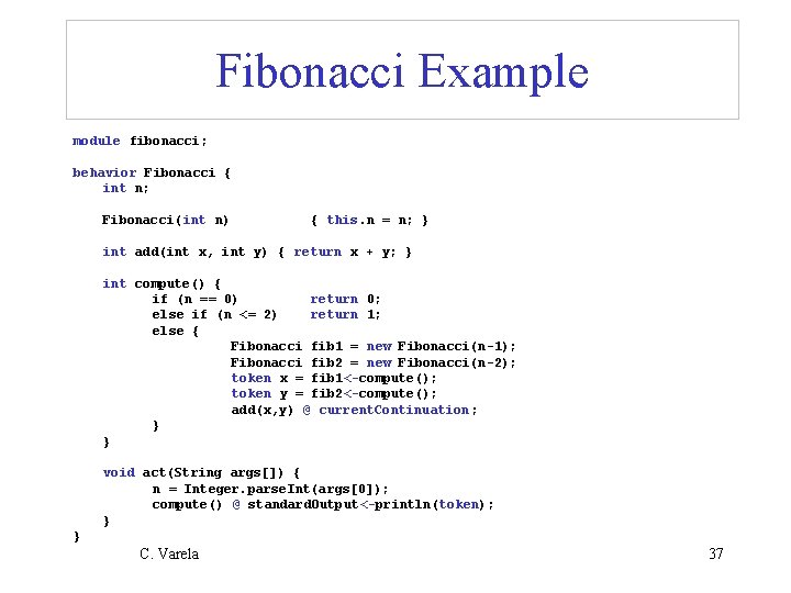 Fibonacci Example module fibonacci; behavior Fibonacci { int n; Fibonacci(int n) { this. n