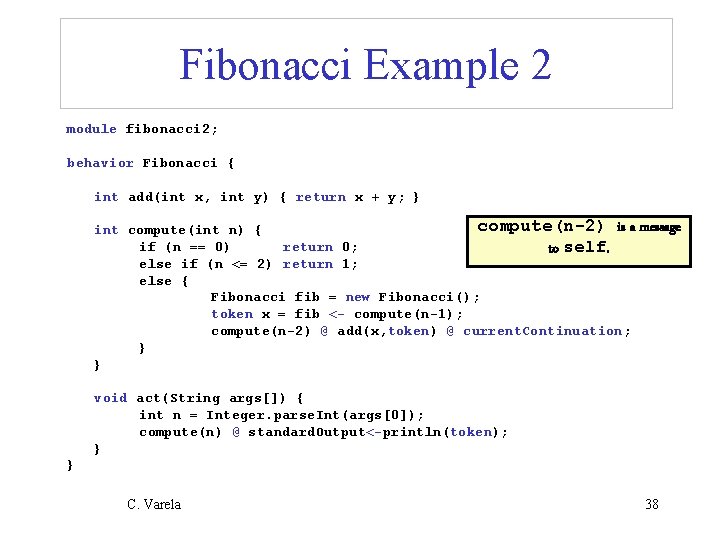 Fibonacci Example 2 module fibonacci 2; behavior Fibonacci { int add(int x, int y)