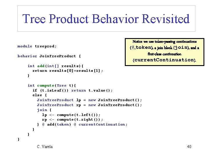 Tree Product Behavior Revisited module treeprod; behavior Join. Tree. Product { int add(int[] results){
