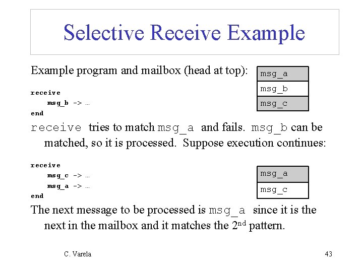 Selective Receive Example program and mailbox (head at top): receive msg_b -> … end