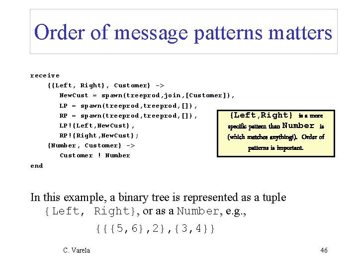 Order of message patterns matters receive {{Left, Right}, Customer} -> New. Cust = spawn(treeprod,