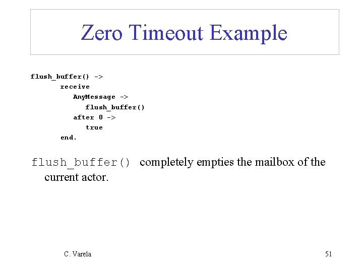Zero Timeout Example flush_buffer() -> receive Any. Message -> flush_buffer() after 0 -> true