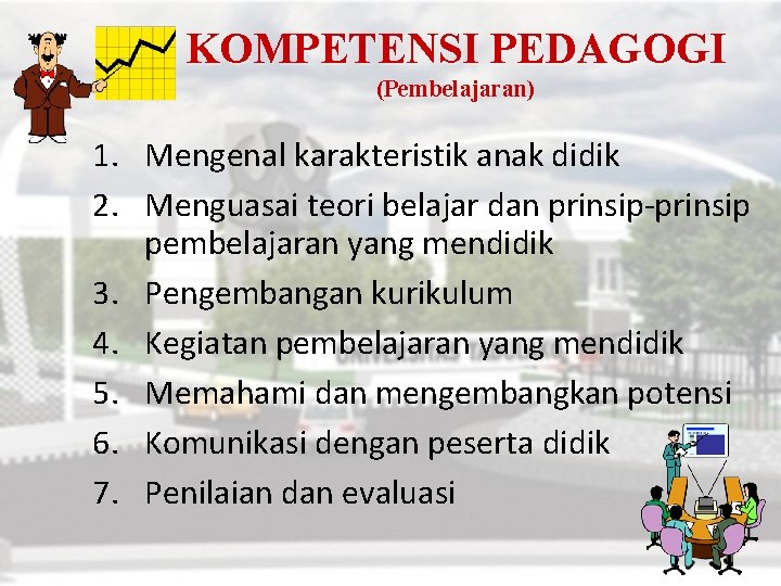 KOMPETENSI PEDAGOGI (Pembelajaran) 1. Mengenal karakteristik anak didik 2. Menguasai teori belajar dan prinsip-prinsip