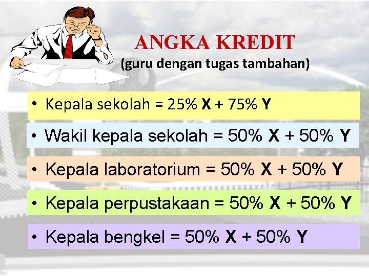 ANGKA KREDIT (guru dengan tugas tambahan) • Kepala sekolah = 25% X + 75%