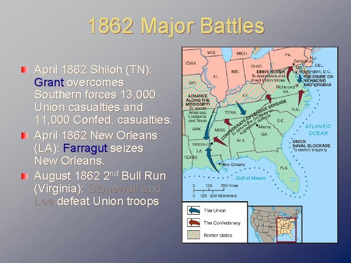 1862 Major Battles April 1862 Shiloh (TN): Grant overcomes Southern forces 13, 000 Union
