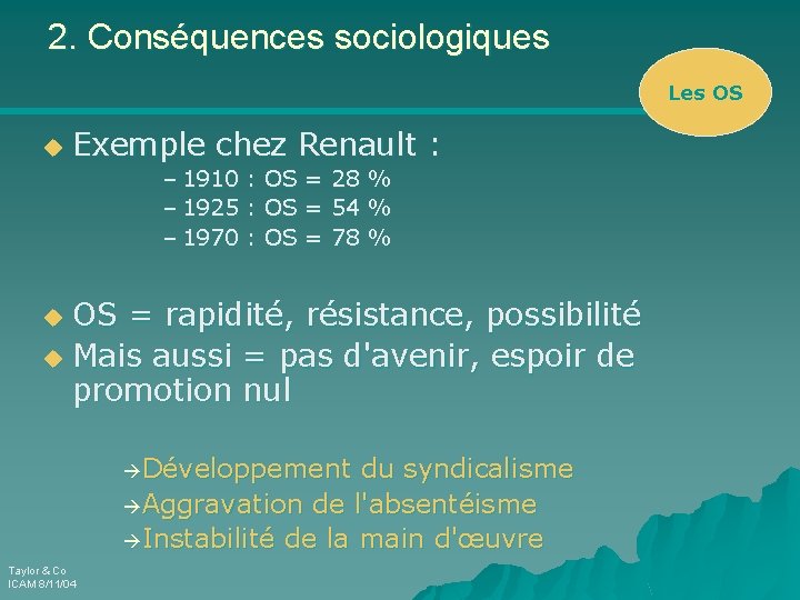 2. Conséquences sociologiques Les OS u Exemple chez Renault : – 1910 – 1925