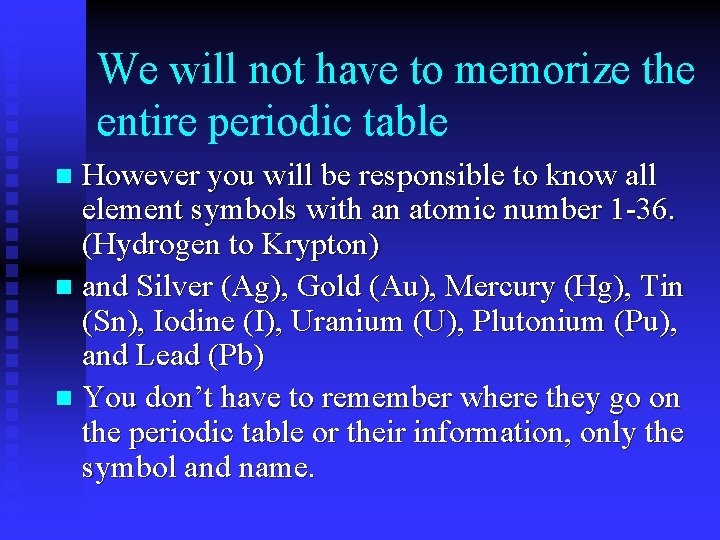 We will not have to memorize the entire periodic table However you will be