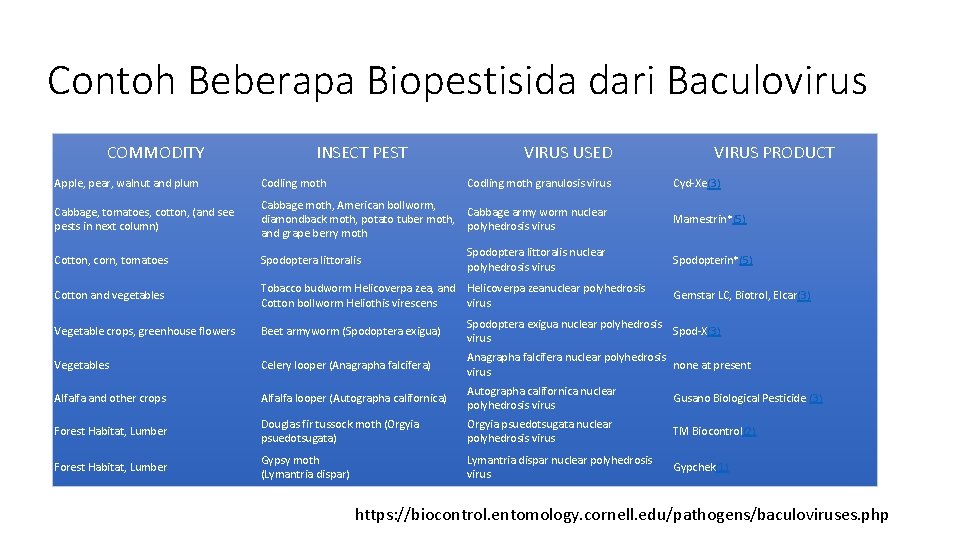 Contoh Beberapa Biopestisida dari Baculovirus COMMODITY INSECT PEST VIRUS USED Codling moth granulosis virus