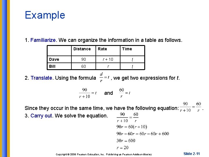 Example 1. Familiarize. We can organize the information in a table as follows. Distance