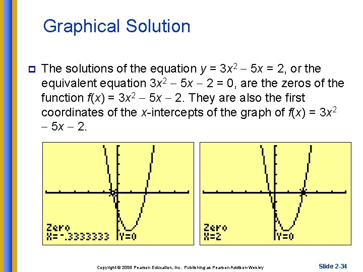 Graphical Solution p The solutions of the equation y = 3 x 2 5