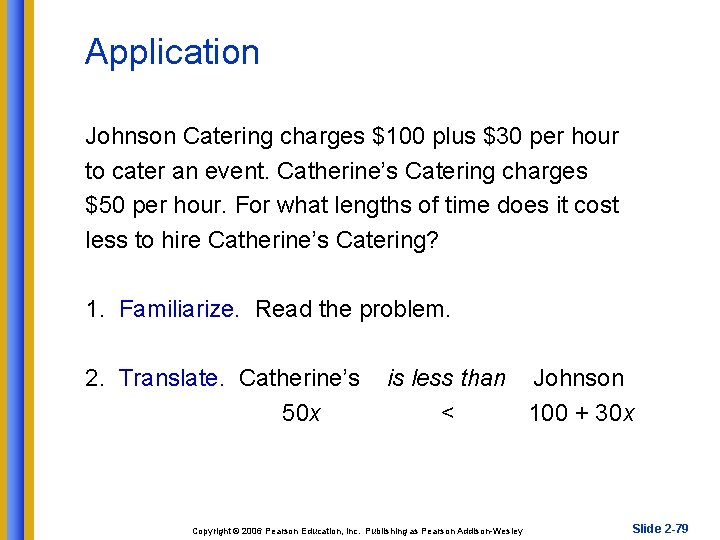 Application Johnson Catering charges $100 plus $30 per hour to cater an event. Catherine’s