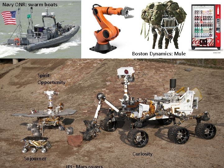 Navy ONR: swarm boats ? Boston Dynamics: Mule Spirit Opportunity Sojourner Curiosity 