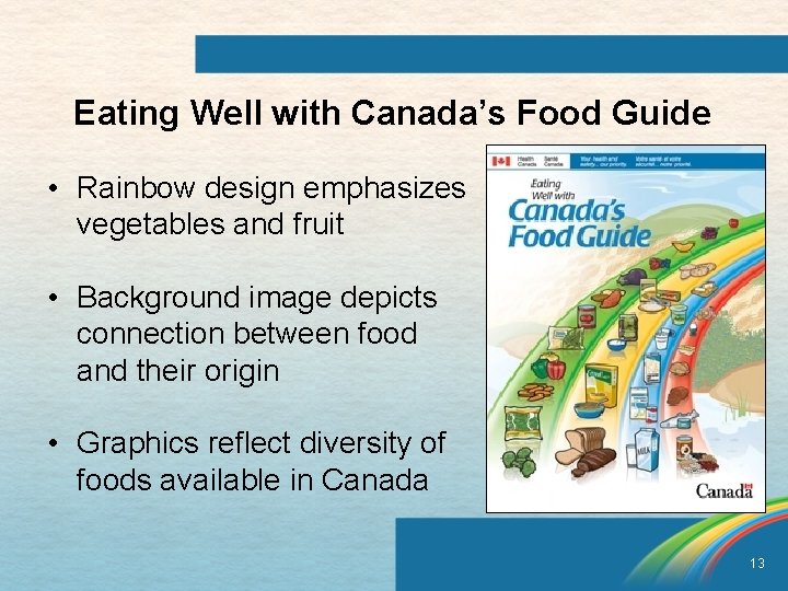 Eating Well with Canada’s Food Guide • Rainbow design emphasizes vegetables and fruit •