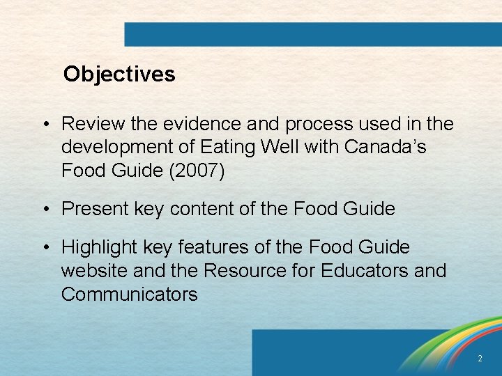 Objectives • Review the evidence and process used in the development of Eating Well