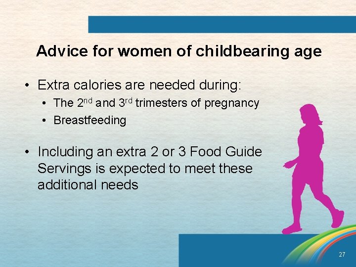 Advice for women of childbearing age • Extra calories are needed during: • The