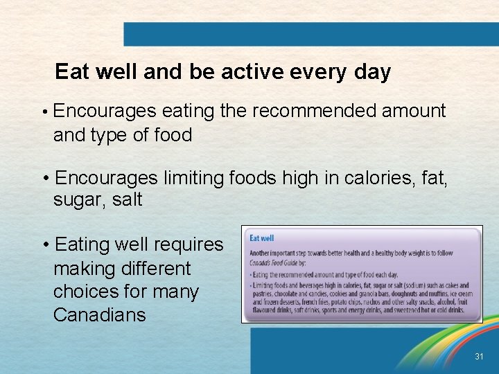 Eat well and be active every day • Encourages eating the recommended amount and