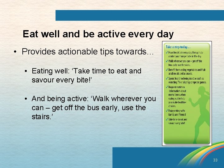 Eat well and be active every day • Provides actionable tips towards… • Eating