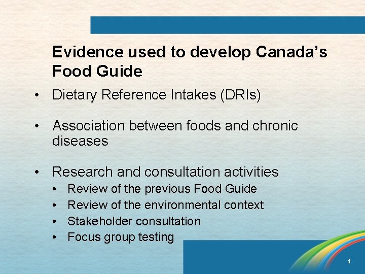 Evidence used to develop Canada’s Food Guide • Dietary Reference Intakes (DRIs) • Association