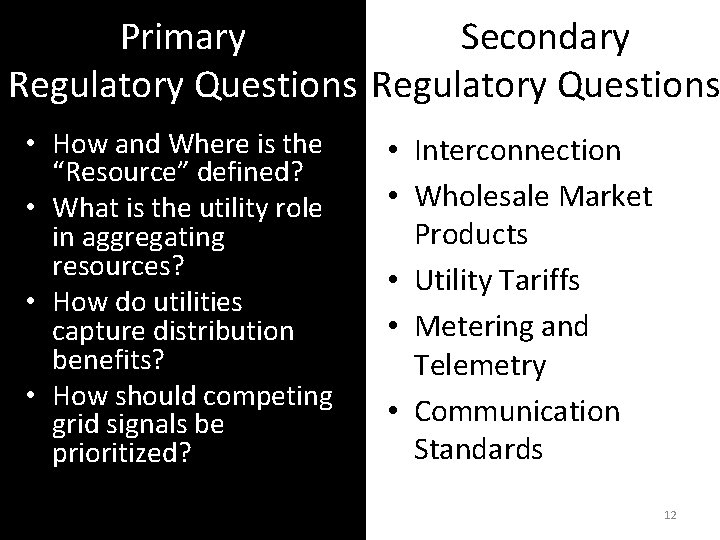 Primary Secondary Regulatory Questions • How and Where is the “Resource” defined? • What