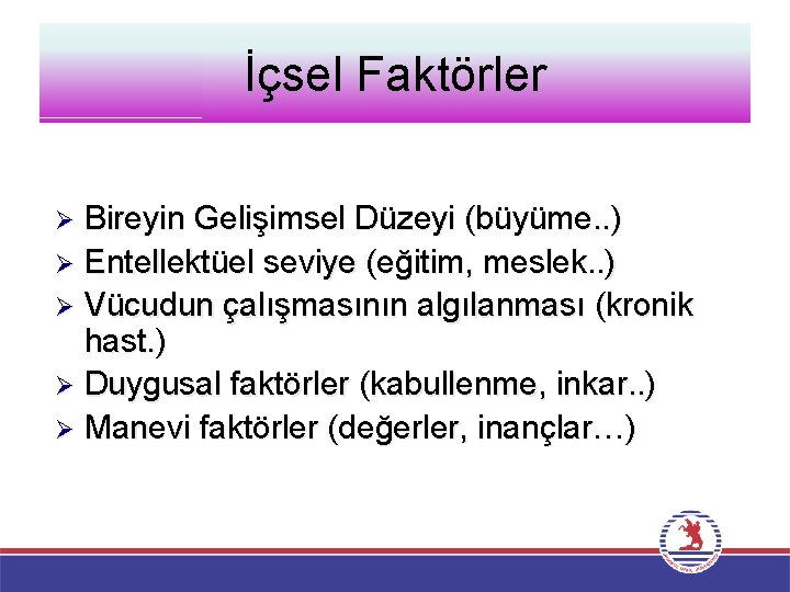 İçsel Faktörler Bireyin Gelişimsel Düzeyi (büyüme. . ) Ø Entellektüel seviye (eğitim, meslek. .