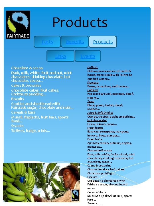 Products Facts Benefits Links Chocolate & cocoa Dark, milk, white, fruit and nut, mint
