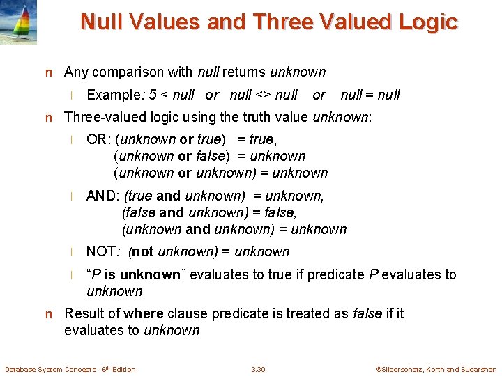 Null Values and Three Valued Logic n Any comparison with null returns unknown l
