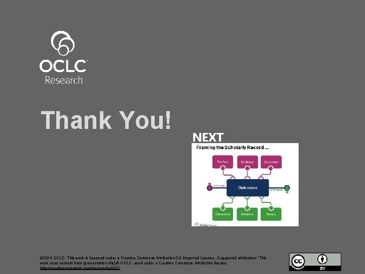 Thank You! NEXT © 2014 OCLC. This work is licensed under a Creative Commons