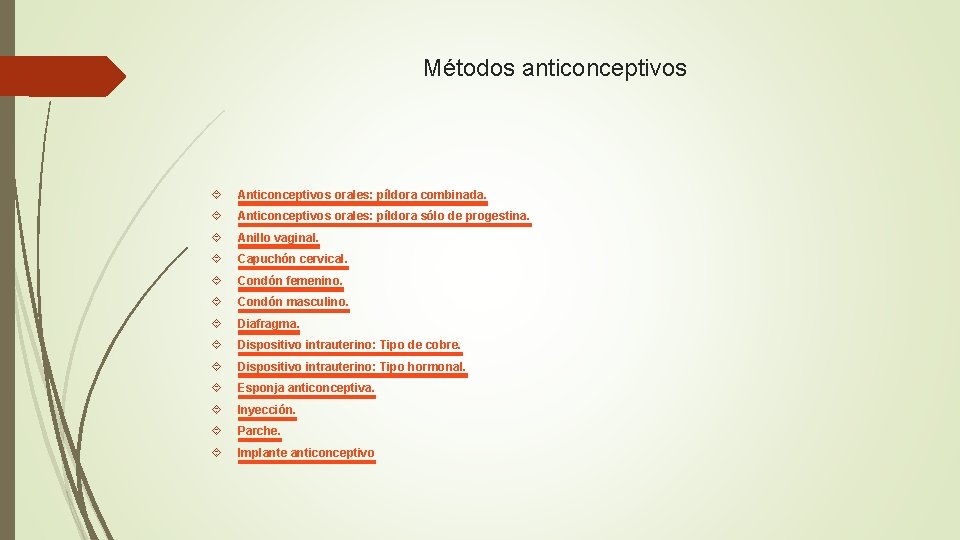 Métodos anticonceptivos Anticonceptivos orales: píldora combinada. Anticonceptivos orales: píldora sólo de progestina. Anillo vaginal.