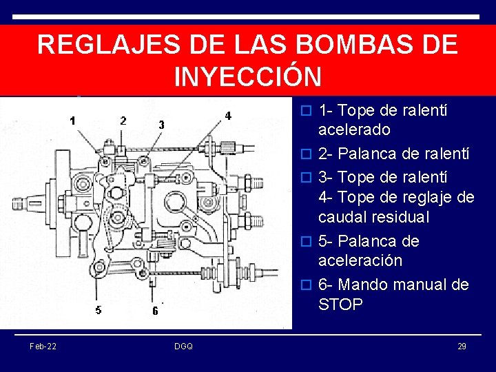 REGLAJES DE LAS BOMBAS DE INYECCIÓN o 1 - Tope de ralentí o o