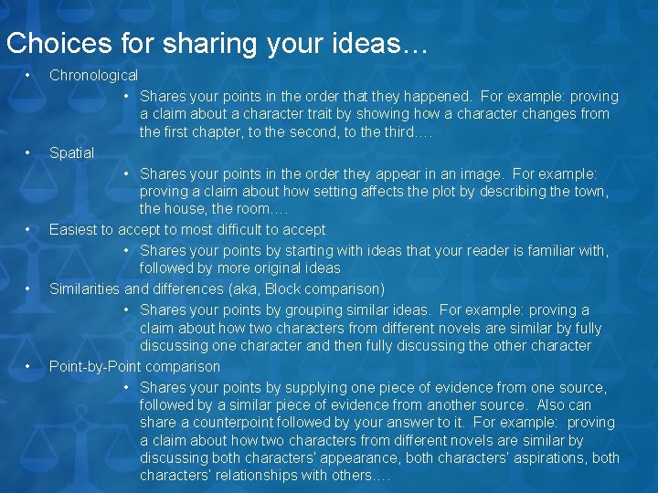 Choices for sharing your ideas… • • • Chronological • Shares your points in