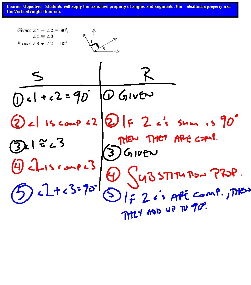 Learner Objective: Students will apply the transitive property of angles and segments, the Vertical