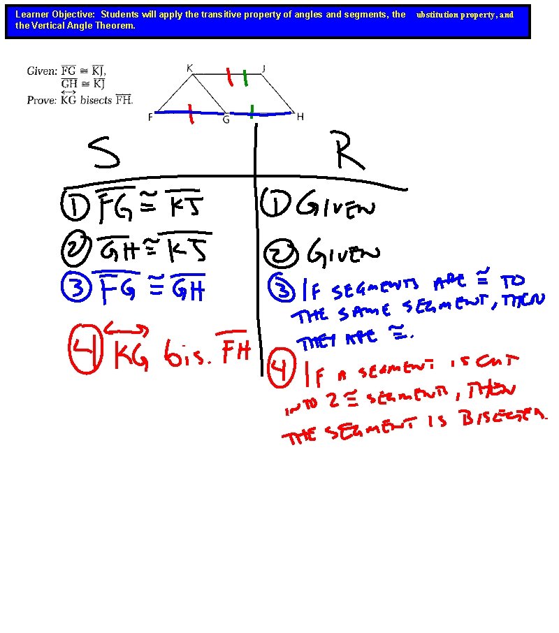 Learner Objective: Students will apply the transitive property of angles and segments, the Vertical