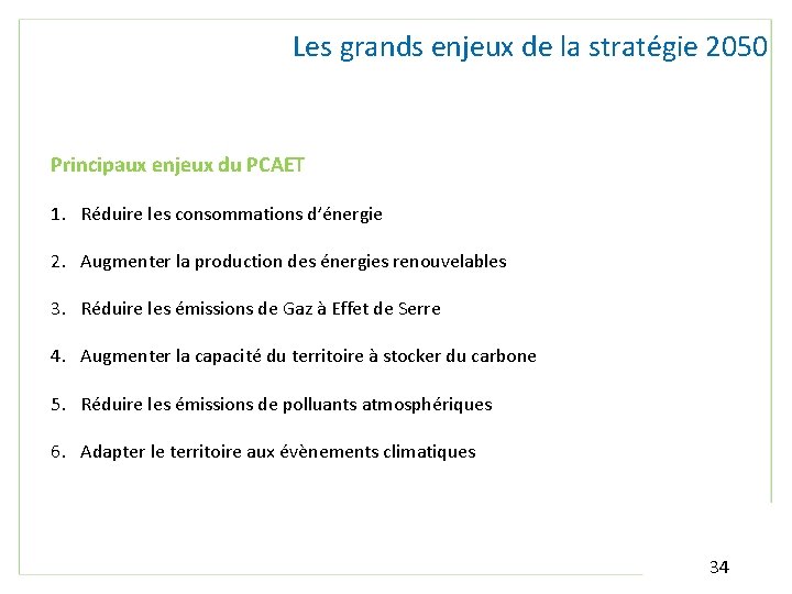 Les grands enjeux de la stratégie 2050 Principaux enjeux du PCAET 1. Réduire les