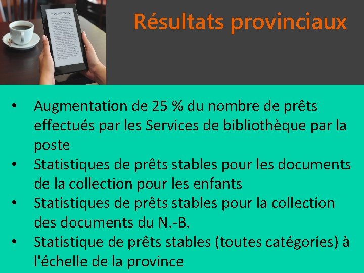 Résultats provinciaux • • Augmentation de 25 % du nombre de prêts effectués par