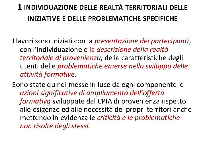 1 INDIVIDUAZIONE DELLE REALTÀ TERRITORIALI DELLE INIZIATIVE E DELLE PROBLEMATICHE SPECIFICHE I lavori sono