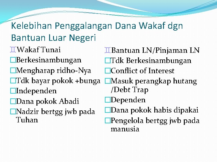 Kelebihan Penggalangan Dana Wakaf dgn Bantuan Luar Negeri `Wakaf Tunai �Berkesinambungan �Mengharap ridho-Nya �Tdk