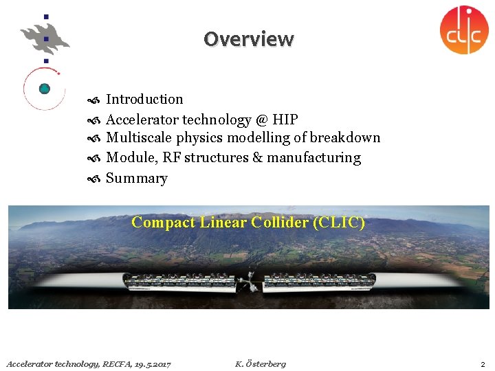 Overview Introduction Accelerator technology @ HIP Multiscale physics modelling of breakdown Module, RF structures