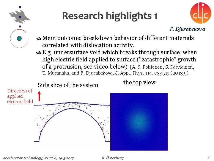 Research highlights 1 F. Djurabekova Main outcome: breakdown behavior of different materials correlated with