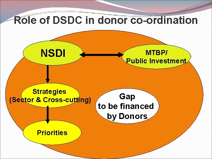 Role of DSDC in donor co-ordination NSDI Strategies (Sector & Cross-cutting) Priorities MTBP/ Public