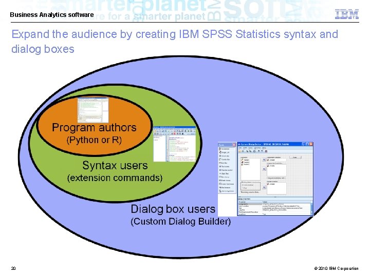 Business Analytics software Expand the audience by creating IBM SPSS Statistics syntax and dialog