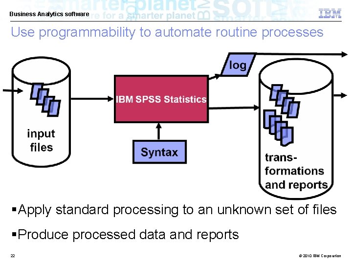 Business Analytics software Use programmability to automate routine processes §Apply standard processing to an