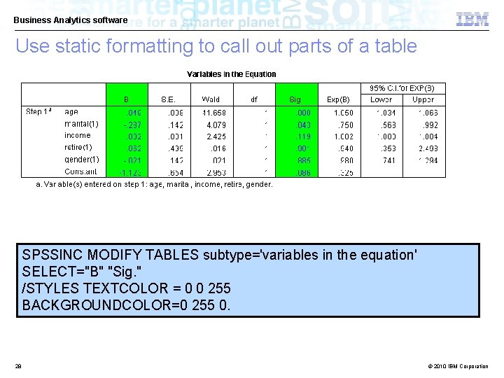 Business Analytics software Use static formatting to call out parts of a table SPSSINC