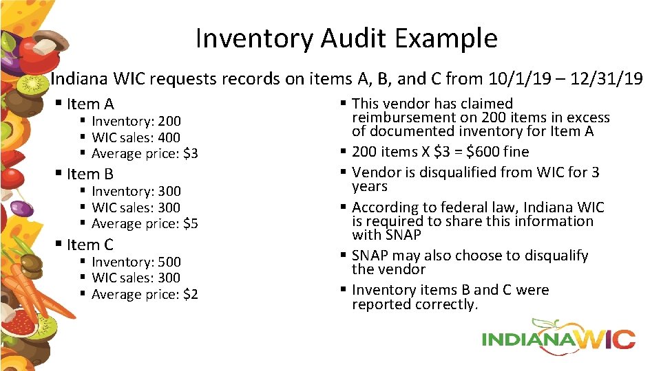 Inventory Audit Example Indiana WIC requests records on items A, B, and C from