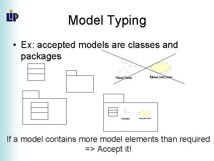 Model Typing • Ex: accepted models are classes and packages If a model contains