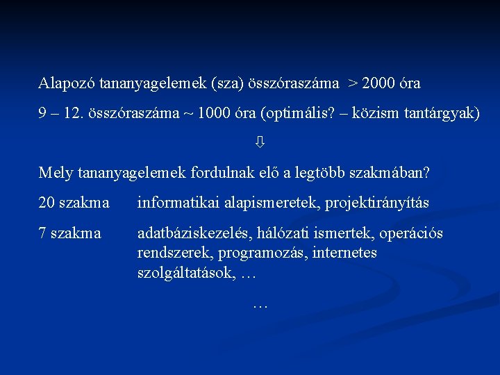 Alapozó tananyagelemek (sza) összóraszáma > 2000 óra 9 – 12. összóraszáma ~ 1000 óra